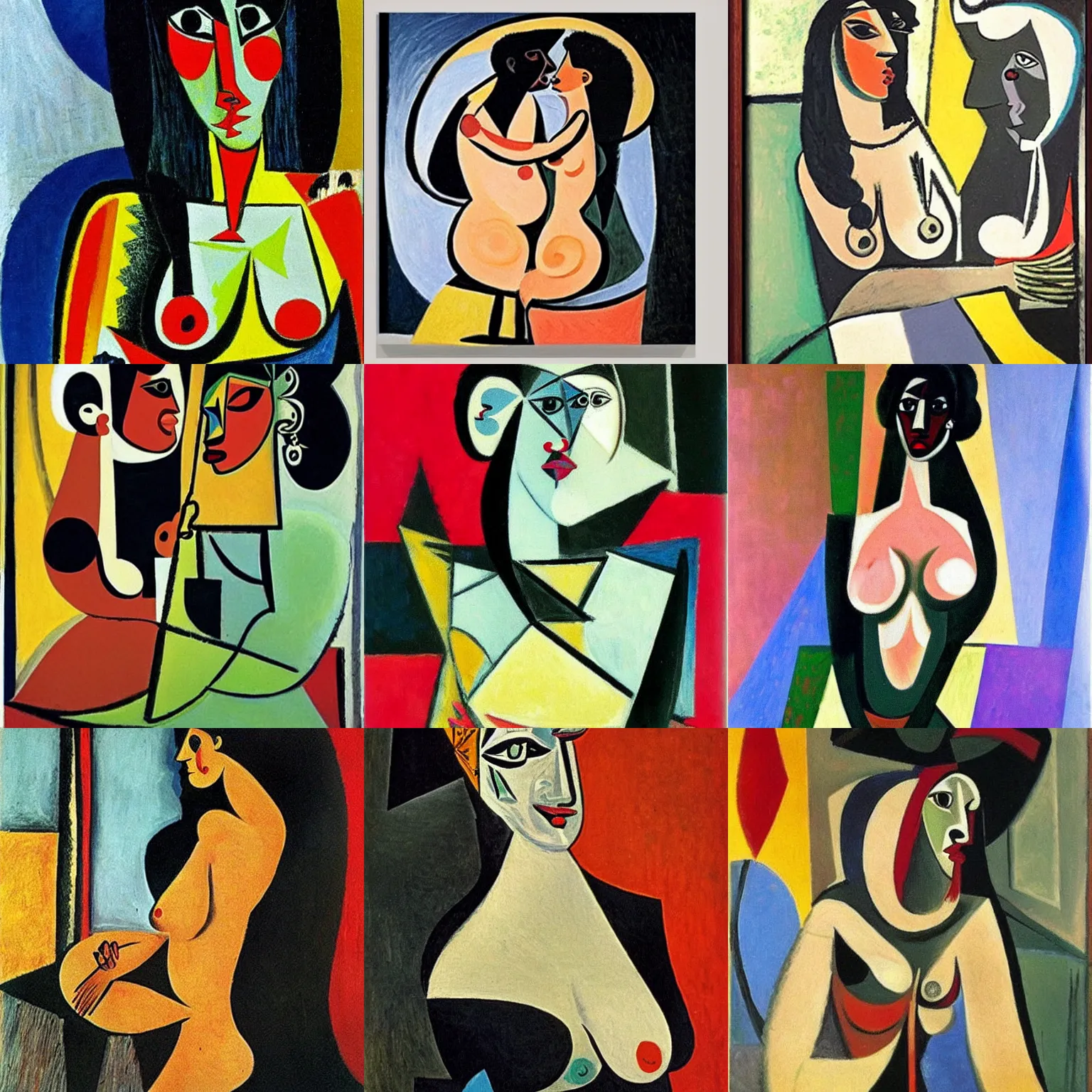 Prompt: romantic night with a sexy black woman painted by pablo picasso,