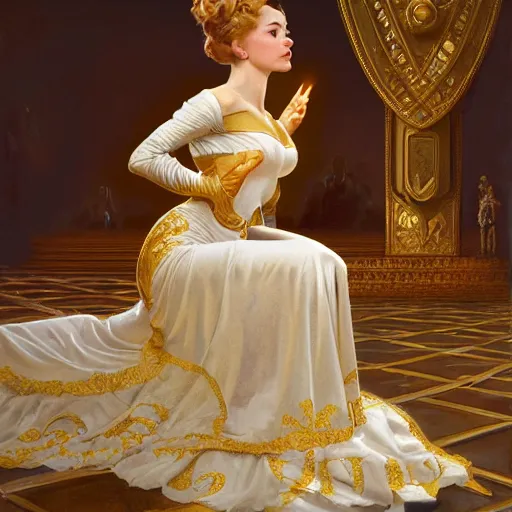 Image similar to kneeling before a condescending queen, royal gown, golden detailing, medium shot, intricate, elegant, highly detailed, digital painting, volumetric light, artstation, concept art, smooth, sharp focus, illustration, art by Gil Elvgren and Greg Rutkowski and Alphonse Mucha, 8K