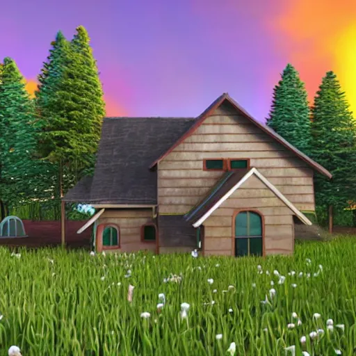 Image similar to funny house, 3d, rendering, realistic, forest, pixar and disney style