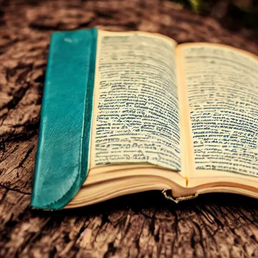 Image similar to a blue leather bound book, standing open on a wooden stump in a jungle, vines growing around