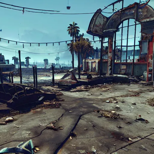 Image similar to Venice Beach in ruins post-nuclear war in Fallout 4, in game screenshot