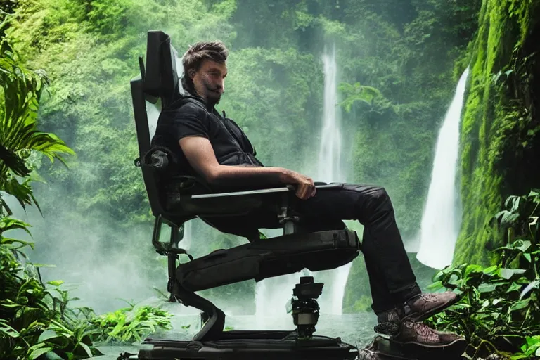 Image similar to movie closeup young man with a grey beard in a cyberpunk suit sitting on a futuristic chair at the edge of a jungle waterfall by emmanuel lubezki