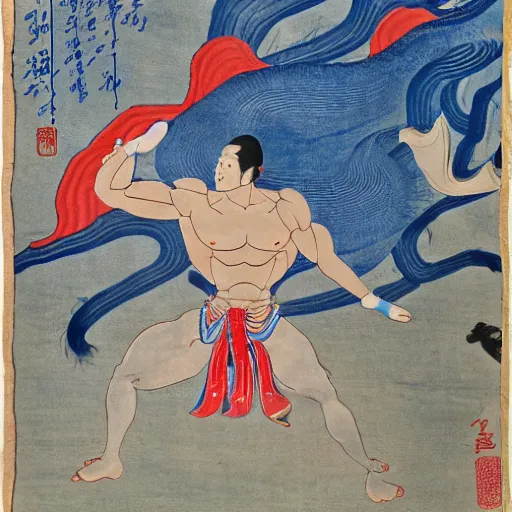 Image similar to muscular genie with blue skin covered in oil in Style of korean traditional folktale painting by Shin Yun-bok; Sin Yun-bok ; 8k resolution