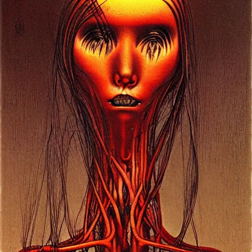 Prompt: tomie by junji ito in the style of zdzisław beksiński and h.r. giger, oil on canvas