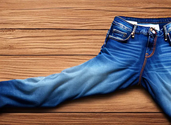 Image similar to clear highly detailed photorealistic topdown mockup product photograph of a realistic folded!! pair of realistic blue jeans on a wooden background