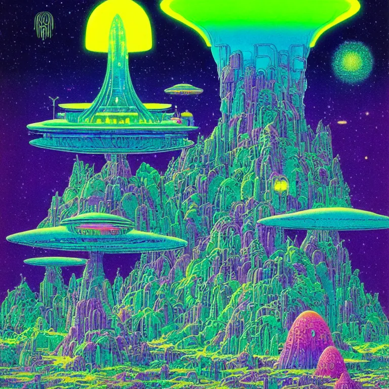 Image similar to mysterious ufo hovering over magical crystal temple, bright neon colors, highly detailed, cinematic, hiroo isono, tim white, philippe druillet, roger dean, lisa frank, aubrey beardsley