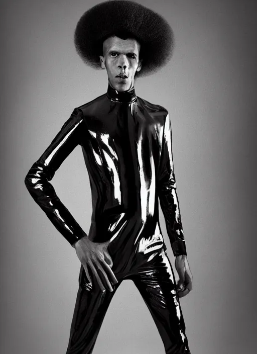 Image similar to a portrait of stromae by gilles berquet, serge lutens, wearing atsuko kudo latex outfit, photorealistic, intricate details, hyper realistic, ', photorealistic, canon r 3, photography, symmetrical features, symmetrical pose, wide angle shot, head to toe, standing pose, feet on the ground,