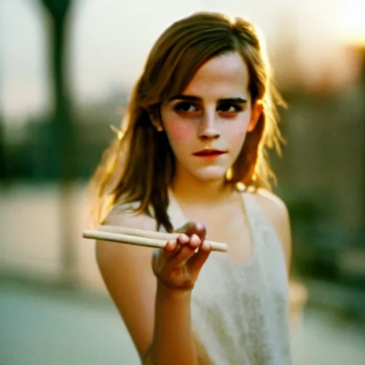 Image similar to Photograph of Emma Watson holding a joint by the window. Golden hour, dramatic lighting. Medium shot. CineStill