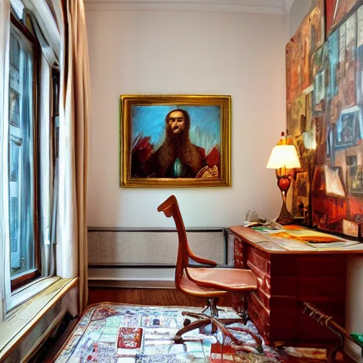 Prompt: a cozy little office nook, dmitry spiros, leonardo da vinci, 8 k, wide angle,