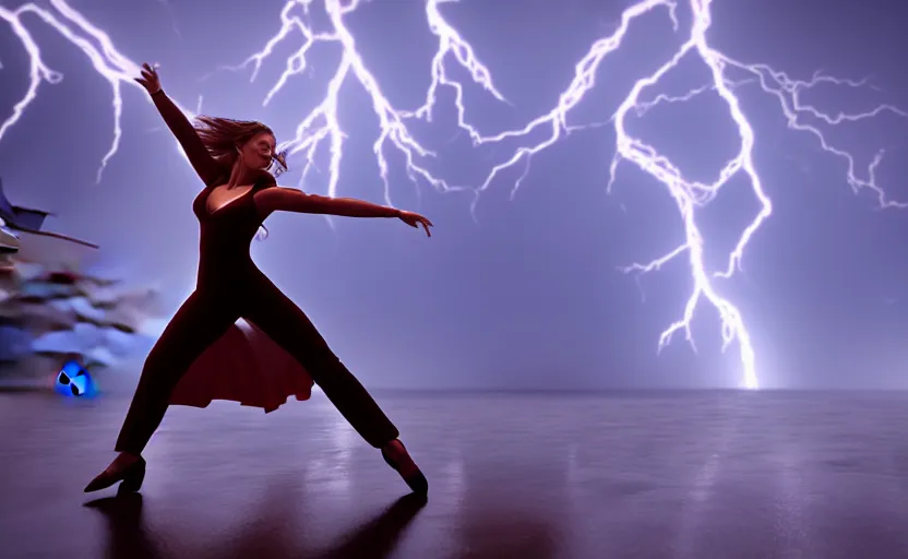 Prompt: a hyperdetailed photorealistic beautiful woman dancing in a thunderstorm, global illumination, volumetric lighting, cinematic framing, cinematic lighting, cinematic shadows, in the style of top gun maverick