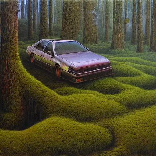 Prompt: hyper realistic painting of an abandoned JZX100 twin turbo covered with moss, an Australian summer landscape, by Zdzislaw Beksinski