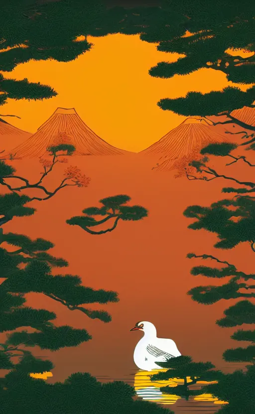 Prompt: hanafuda, portrait of huge grus japonensis at a lake in the middle of japanese pines, a big red sun in the background, front game card, vector line art, trending on artstation, concept art, stunning, matte