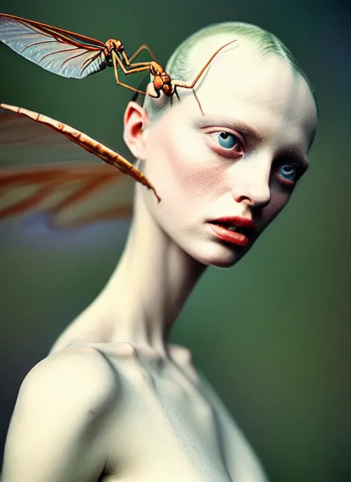 Prompt: cinestill 5 0 d portrait shot of a beautiful woman metamorph mantis in style of tim walker by roberto ferri realistic render, 8 k, micro detail, translucent body intricate detailed, 1 5 0 mm lens, f 1. 4, sharp focus, ethereal, emotionally evoking, head in focus, bokeh volumetric lighting, tonal colors outdoor