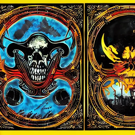 Prompt: diabolus in musica, two frames!!! layout, album cover art in a style of motorhead