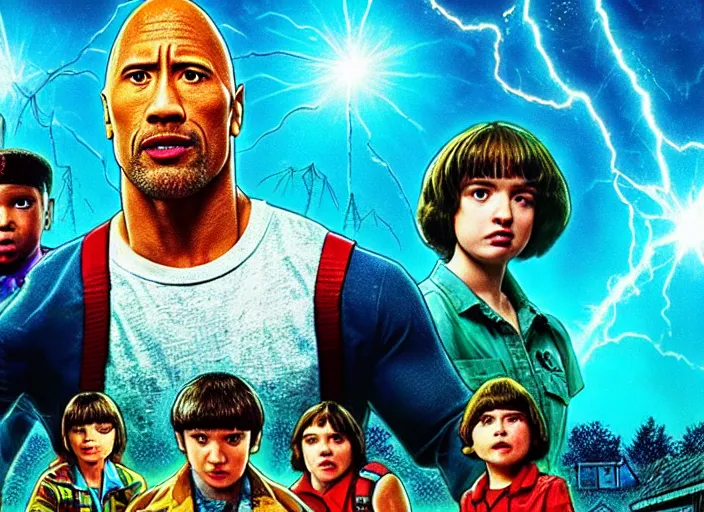 Image similar to film still of dwayne the rock johnson in the new stranger things movie, 4 k, highly detailed face, detailed eyes