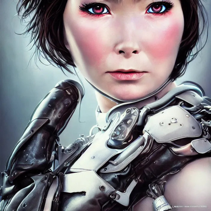 Image similar to hyper - realistic bjork leather cyborg - by tom bagshaw, by ilya kuvshinov, rtx rendering, octane render 1 2 8 k, maya, extreme high intricate details by wlop, digital anime art by ross tran, medium shot, close up shot, composition by sana takeda, dramatic lighting by greg rutkowski, 8 k, trending on artstation