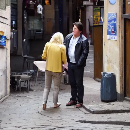 Image similar to a blonde woman & Michael mcintyre searching for food in Porto