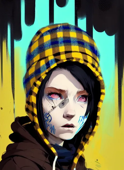 Image similar to highly detailed portrait of a sewer punk lady student, blue eyes, tartan hoody, hat, white hair by atey ghailan, by greg rutkowski, by greg tocchini, by james gilleard, by joe fenton, by kaethe butcher, gradient yellow, black, brown and cyan color scheme, grunge aesthetic!!! ( ( graffiti tag wall background ) )