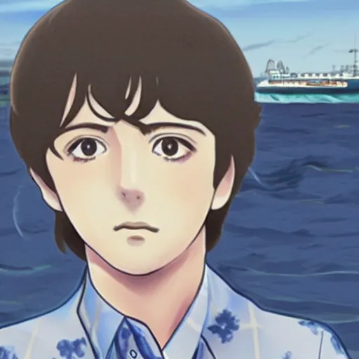 Prompt: anime illustration of young Paul McCartney from the Beatles, wearing a blue and white check shirt and watch, relaxing on a yacht at sea, screenshot from Weathering With You (2019)