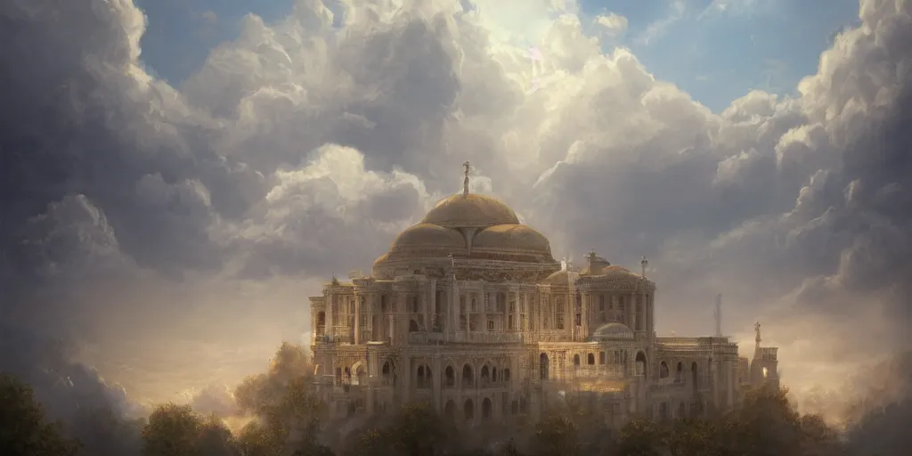 Image similar to beautiful digital illustration of a Byzantine palace in a sea of clouds by Andreas Rocha, fluffy pastel clouds, establishing shot, cinematic, architecture, concept art, deviantArt, artsation, artstation HQ, HD, 16k resolution, smooth, sharp detail, amazing depth, octane, finalRender, Unreal Engine