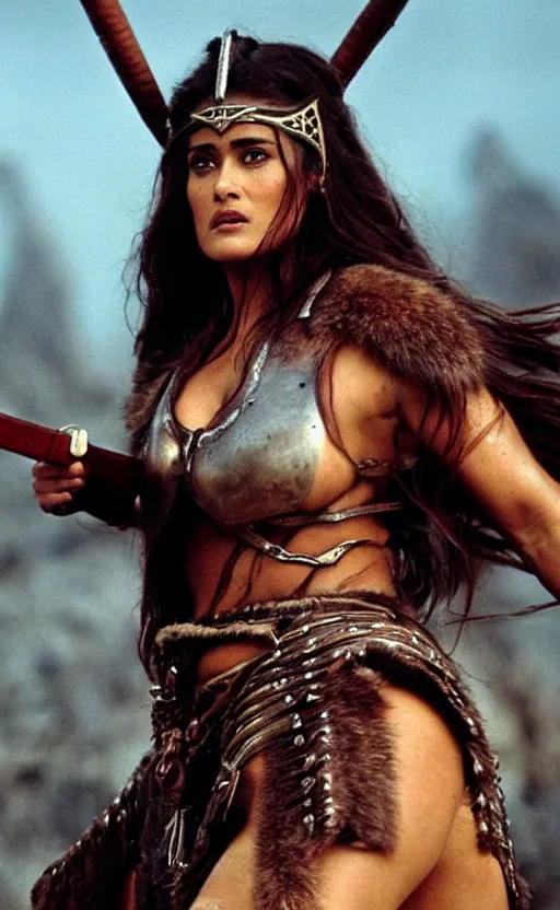 Image similar to epic photo of muscular salma hayek as beautiful barbarian warrior princess wearing leather armor and fur cloak in a battle scene with hundreds of warriors behind her, sweaty, detailed eyes, neutral expression, depth of field, photorealistic, cinematic lighting, lovely bokeh, warm colours, dusk, movie quality, conan the destroyer 1 9 8 5, movie still, cinemascope