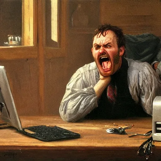 Image similar to an angry man yells at his computer monitor, oil on canvas, 1 8 8 3, highly detailed, high resolution