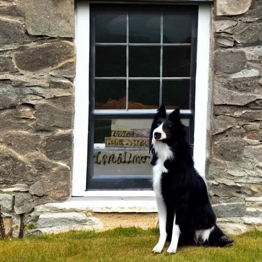 Image similar to a border collie sat outside a mountain cottage