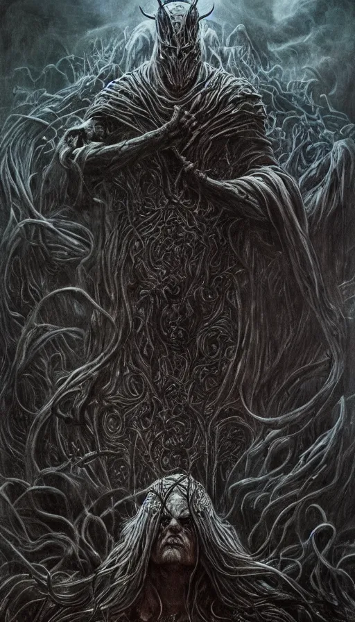 Image similar to Elden Ring and Lord of the Rings themed painting of majestic dark lord Morgoth, intricate artwork by Artgerm, Johnatan Wayshak, Zdizslaw Beksinski, Darius Zawadzki, H.R. Giger, Takato Yamamoto, masterpiece, very coherent artwork, cinematic, high detail, octane render, unreal engine, 8k, High contrast, golden ratio, trending on cgsociety, ultra high quality model, production quality cinema model