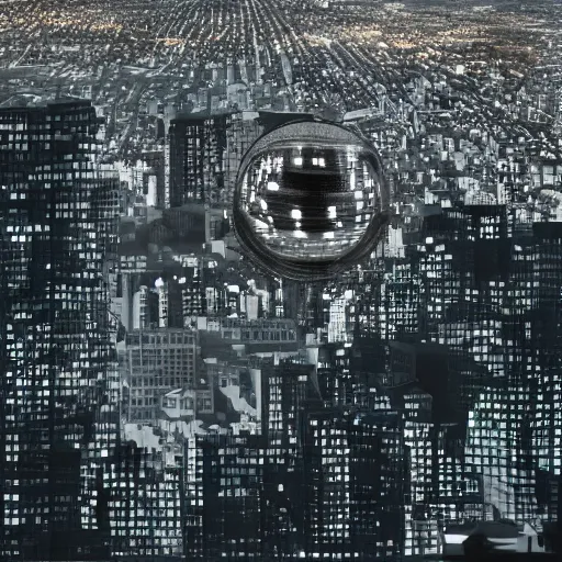 Image similar to big eye flies above the city, photorealistic