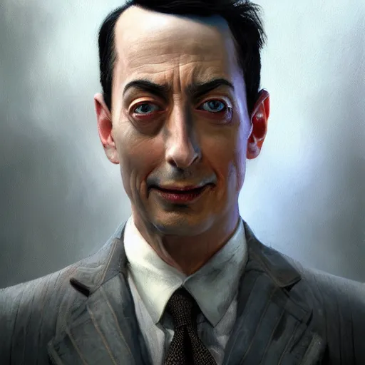 Image similar to close portrait of peewee herman, high detail, dramatic light, digital art, painted by greg rutkowski, painted by seb mckinnon, trending on artstation