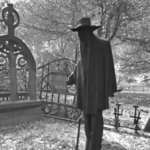 Prompt: cctv security cam grainy black and white footage of baron samedi in an spooky graveyard. baron samedi is wreathed in mist and shadow and is looking at the camera.