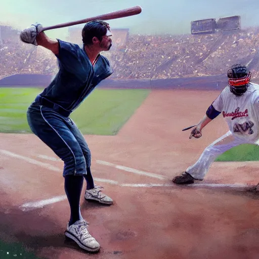 Image similar to baseball player hitting the ball with the baseball bat in the middle of the game and in front of everyone in the stadium, james gurney painting style, greg rutkowski, artstation