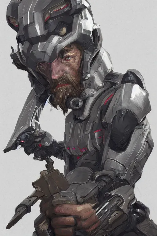 Image similar to Portrait of John Brown with a long beard wearing futuristic power armor, sci-fi, intricate, highly detailed, digital painting, trending on artstation, sharp focus, illustration, style of Stanley Artgerm and Greg Rutkowski and Dan Mumford