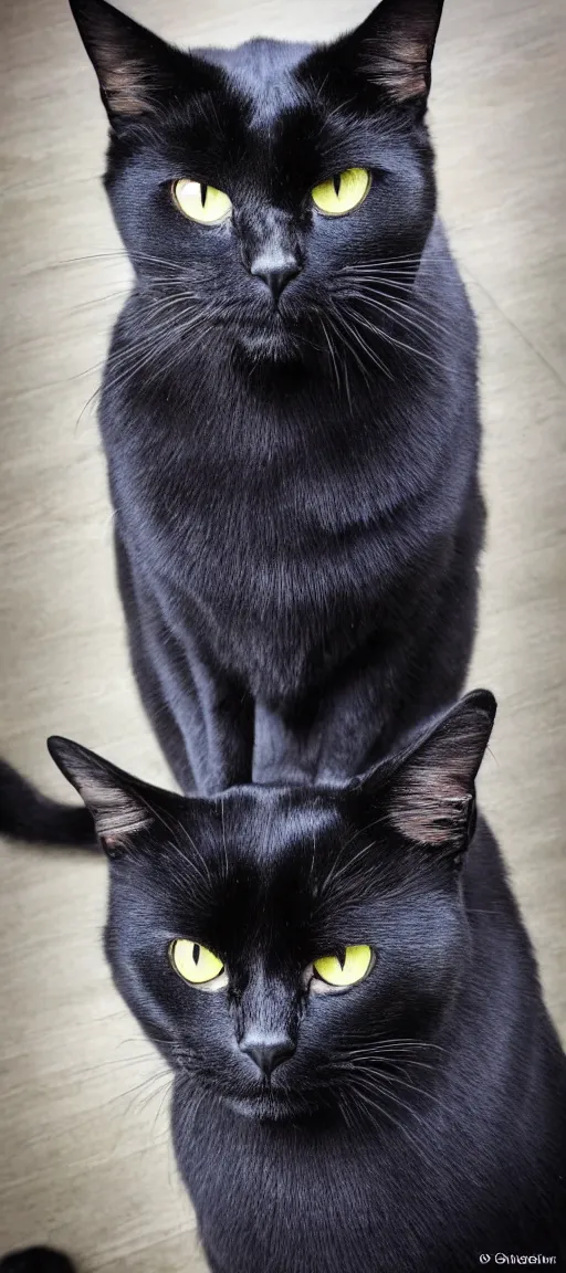 Prompt: Photo of a sitting black cat with an evil expression, hyper realistic, super detailed.