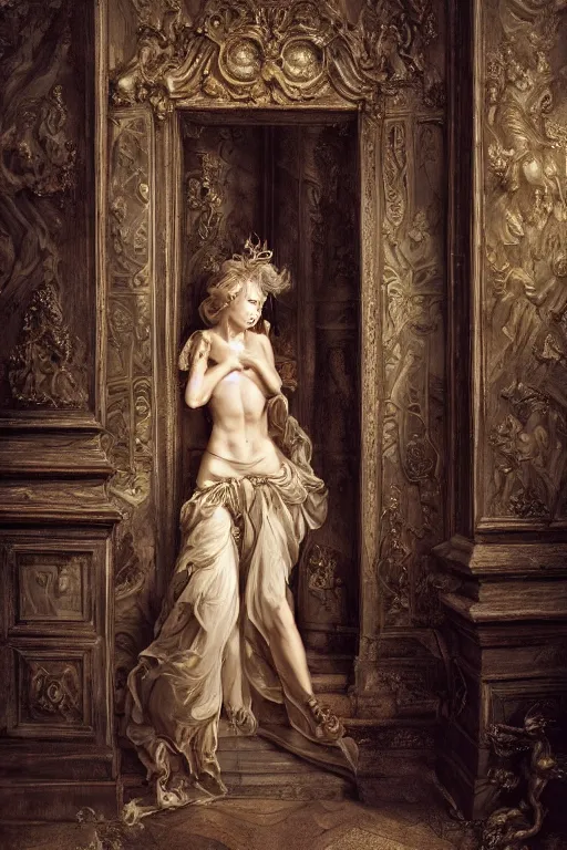 Prompt: the dweller at the threshold, dramatic, elaborate emotive Baroque and Rococo styles to emphasize beauty as a transcendental, 8k image, ultra-realistic, the style of WLOP