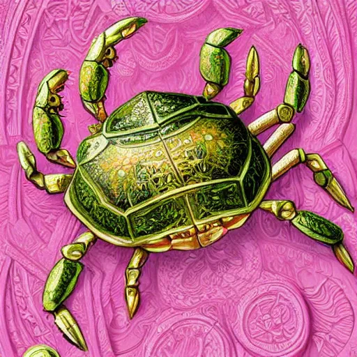 Prompt: hyperdetailed illustration of one small standalone crab in a flowerpunk steampunk cyber shell, with flemish baroque rococo unexpected maximalist elements. seen from the distance hd! matte paper background. childrenbook in soft natural pastel tones