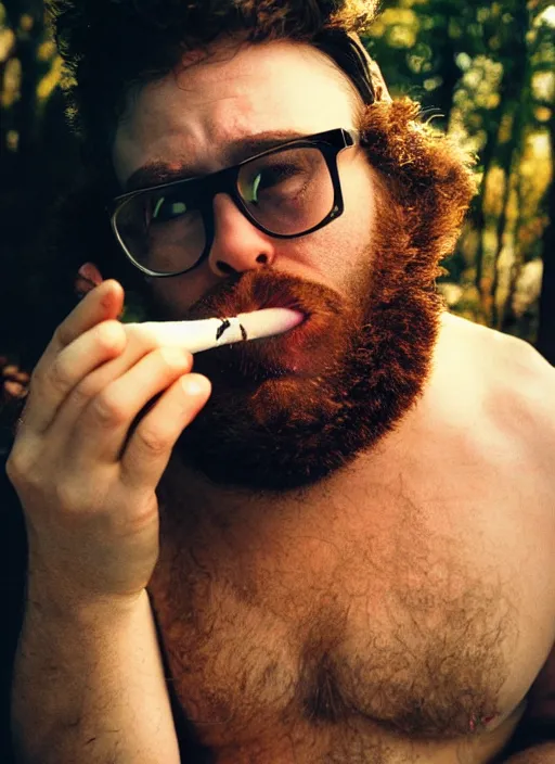 Image similar to photorealistic photograph of seth rogan smoking a joint, hybrid creature, 3 5 mm film, fuji, leica s, bigfoot, nyc, in the style of fashion photography, intricate, golden hour sunlight, kodachrome