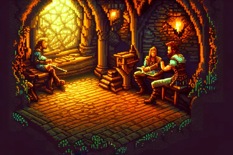 Image similar to the bard's tale, beautiful detailed pixelart by albertov, intricate details, beautiful, dithered gradients, volumetric lighting, cgsociety, artstation, smooth, sharp focus, 2 d illustration, amazing art by dan mumford, old school computer game graphics, pixel art