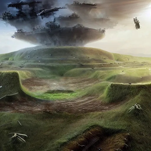 Prompt: natural looking fight landscape of ww 1 deep trenches with fortifications, crabs fighting with elephants, green gas spreading across land, futuristic tank is on fire, ground explosion in the background, alien mothership in the sky, hyper realistic, highly detailed, dramatic lighting, raytarced, god rays, 4 k, 8 k, matte painting