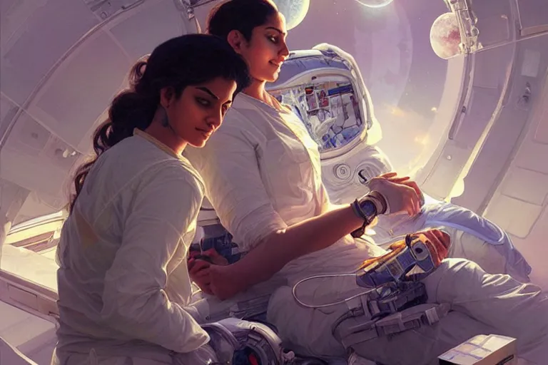 Image similar to Exhausted good looking pale young Indian doctors wearing jeans in a space station above Earth performing surgery, portrait, elegant, intricate, retrofuturistic digital painting, artstation, concept art, smooth, sharp focus, illustration, art by artgerm and greg rutkowski and alphonse mucha