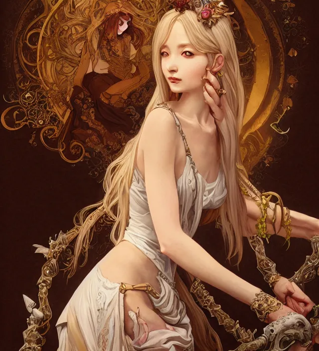 Image similar to portrait of of young beautiful goddess of chaos, d & d, baroque dress, elegant, flat lighting, intricate, highly detailed, digital painting, artstation, concept art, smooth, sharp focus, illustration, closeup, misa amane, art by simon bisley and greg rutkowski and alphonse mucha, natural tpose