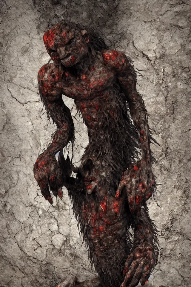 Image similar to cave troll stained with soot and rust, with long claws on the hands and a small insect head, hyperrealistic, octane render, HDR, photorealistic