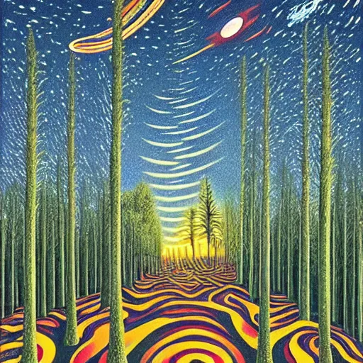 Prompt: psychedelic, trippy, corn, pine forest, planets, milky way, cartoon by rob gonsalves