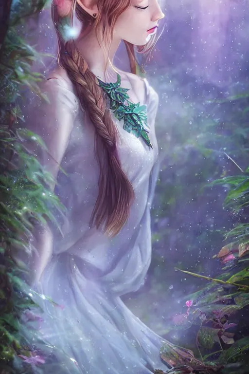 Image similar to beatiful elf princess in an enchanted forest, 3/4 side view, hair jewellery, fully clothed, light mist, light rays sieving through the trees, shallow depth of field, coherent composition, by Yuumei, by Artgerm