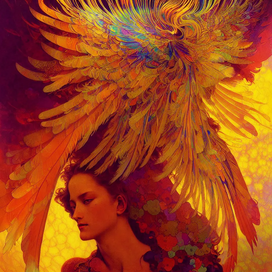 Image similar to face of innocent psychedelic transcendent feather mind bending psychedelic wings of glossy liquid honey flowing like kaleidoscopic translucent holograph, lsd feathers, feathery fluff, enlightenment, high contrast dappled lighting, refracted sunset, highly detailed, concept art, art by collier, albert aublet, krenz cushart, artem demura, alphonse mucha