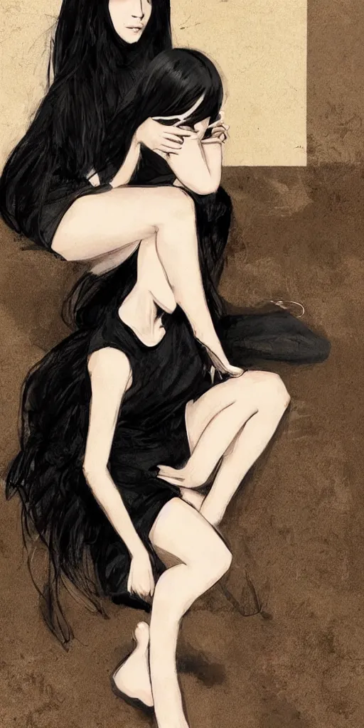 Image similar to a young girl with straight long black hair wearing black dress and sitting on bathroom floor, art by artgem, greg rutkowski and mario testino