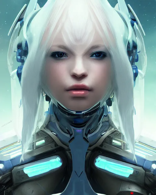 Image similar to perfect android girl on a mothership, warframe armor, beautiful face, scifi, futuristic, galaxy, nebula, bae suzy, dreamy, long white hair, blue cyborg eyes, sharp focus, cinematic lighting, highly detailed, artstation, divine, by gauthier leblanc, kazuya takahashi, huifeng huang