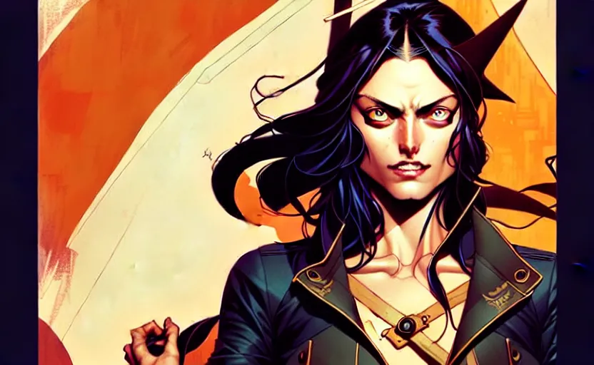 Image similar to artgerm, joshua middleton comic cover art, pretty pirate phoebe tonkin smiling, full body, symmetrical eyes, symmetrical face, long curly black hair, on a pirate ship background, warm colors