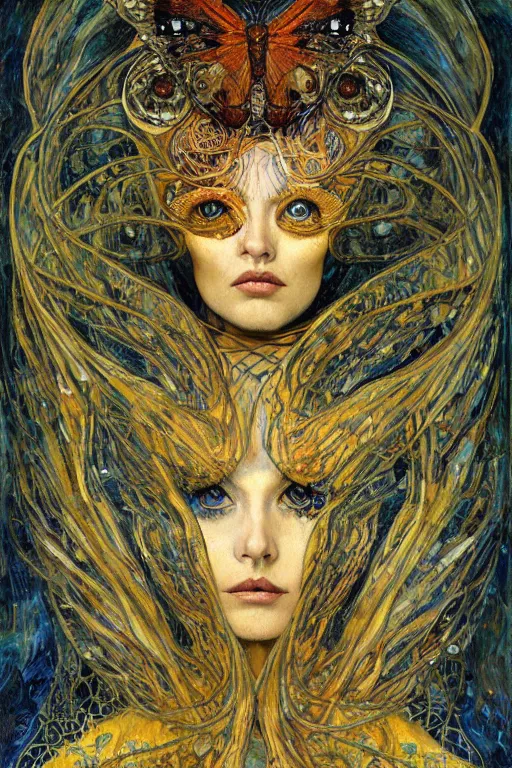 Image similar to Metamorphosis by Karol Bak, Jean Deville, Gustav Klimt, and Vincent Van Gogh, transformation portrait, chimera, visionary, cicada wings, otherworldly, fractal structures, ornate gilded medieval icon, third eye, chrysalis, spirals, horizontal symmetry