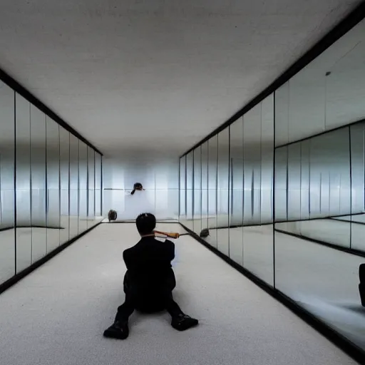 Image similar to a man taking a selfie in a large minimalistic concrete room with upholstered sofas and a rectangular water feature in the center, a tilt shift photo by leandro erlich, featured on cg society, kitsch movement, hall of mirrors, high dynamic range, studio portrait